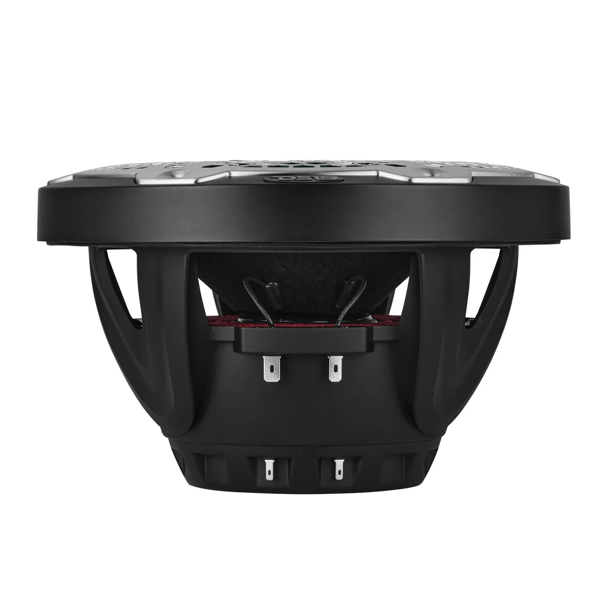 Side profile of a black speaker showing its open basket, terminals and red suspension