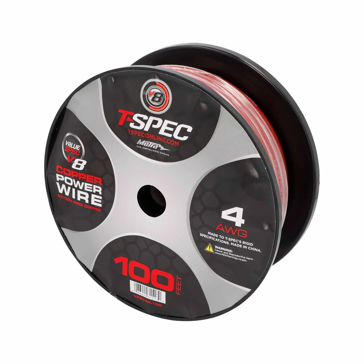T-Spec V8GT4R-100 4 AWG OFC Power Wire - Red - 100 ft Spool