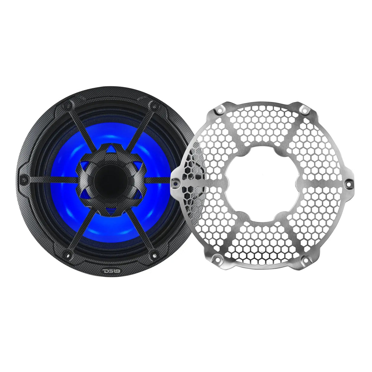 Carbon-fiber-patterned DS18 speaker with blue lighting and its silver honeycomb grille shown removed