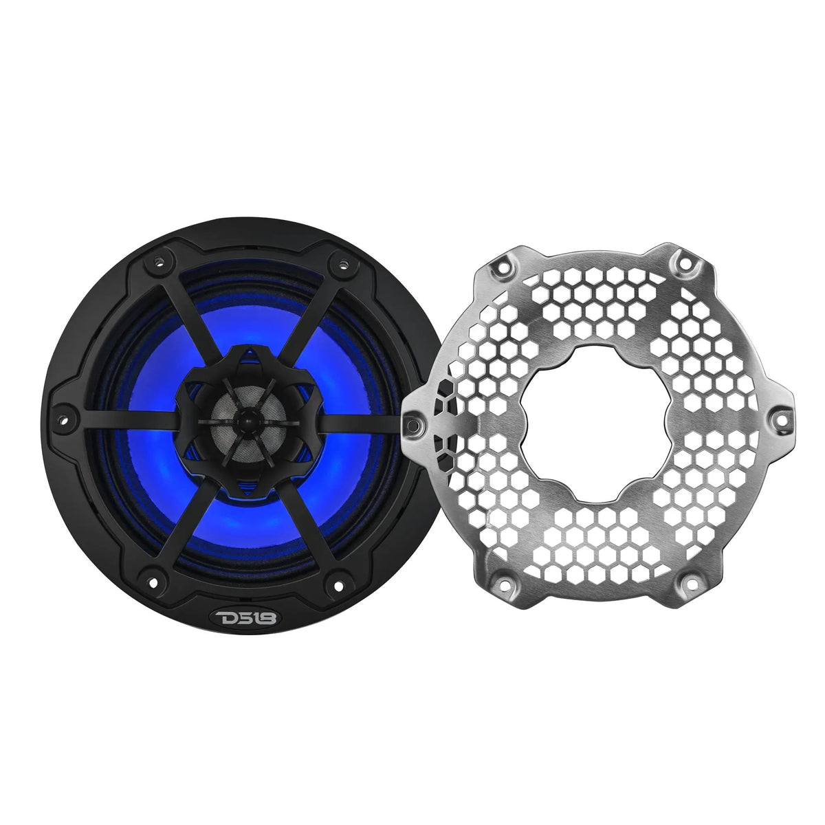 Black DS18 marine speaker illuminated blue beside its detached silver honeycomb grille