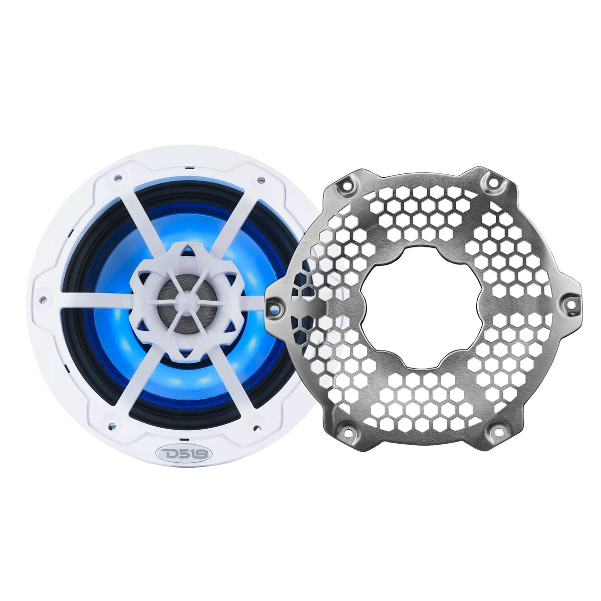 White DS18 marine speaker illuminated blue beside its detached silver honeycomb grille