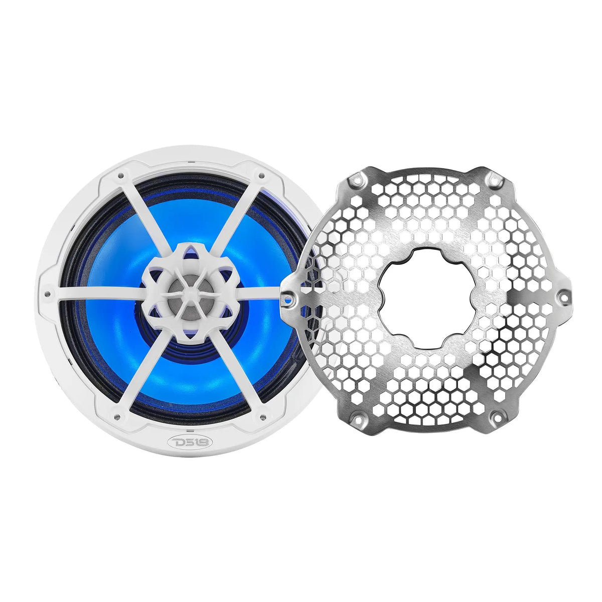White DS18 marine speaker illuminated blue beside its detached silver honeycomb grille