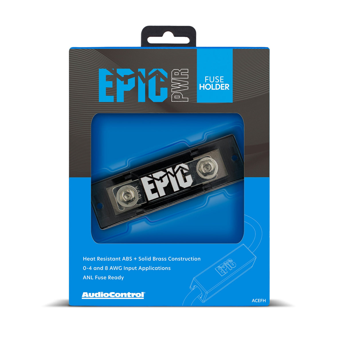 AudioControl EPIC PWR Fuse Holder in its retail packaging, featuring a black and blue box with a clear window displaying the fuse holder inside.