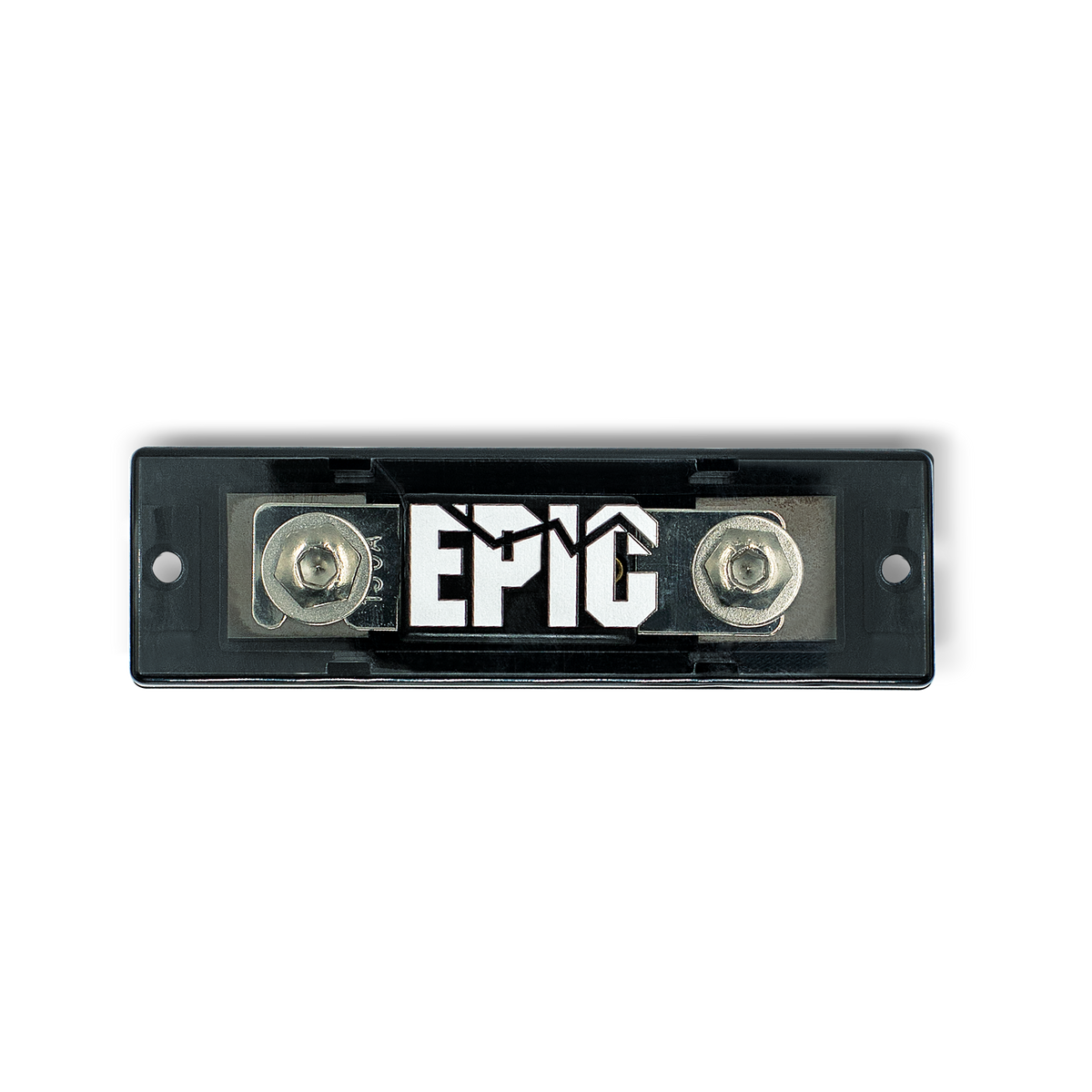 A black rectangular automotive electrical terminal block with two silver metal screw terminals and a prominent white 'EPIC' logo on the front, isolated on a white background.