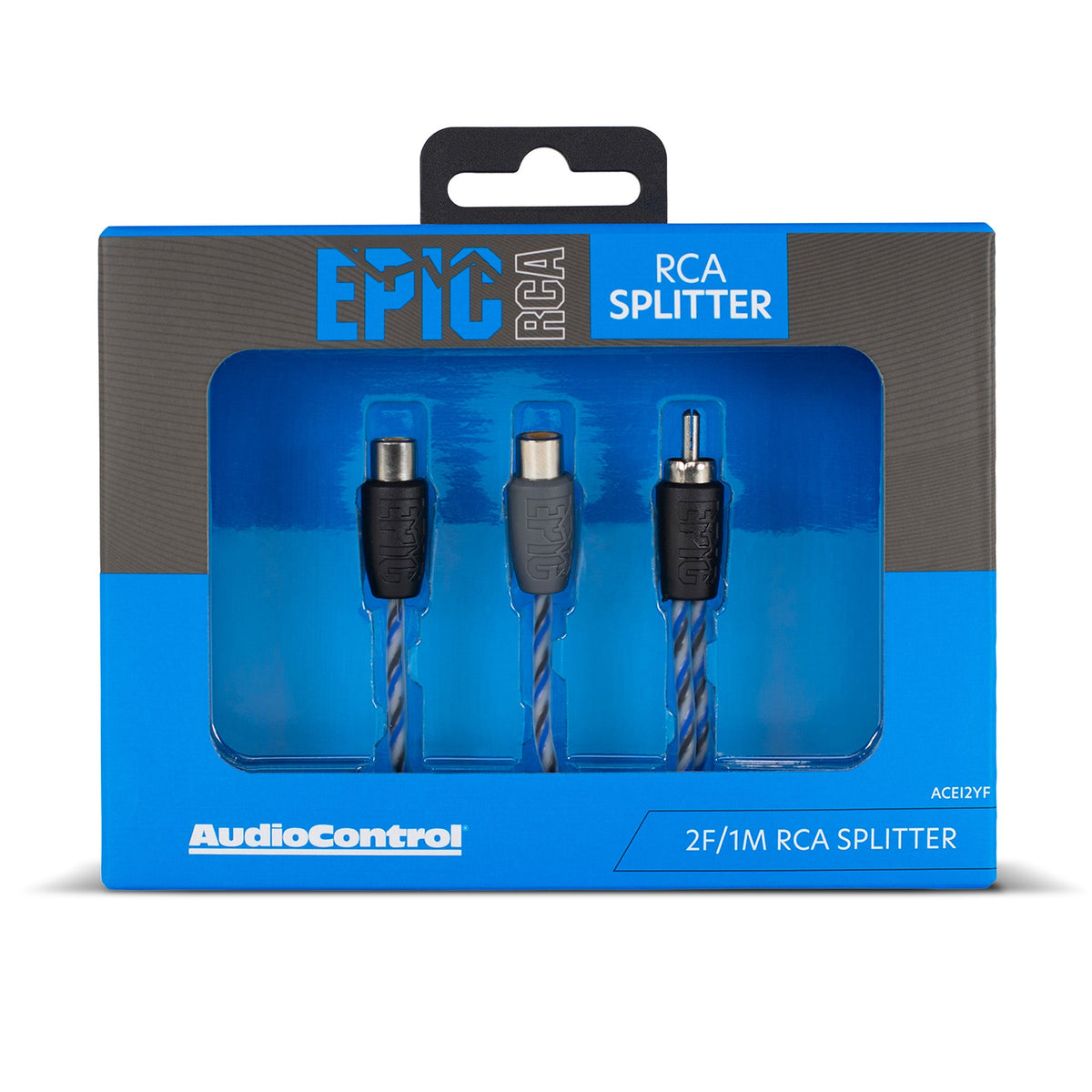 AudioControl Epic RCA Splitter 2F/1M cable in its retail packaging, featuring a blue and gray box with a clear window showing the black, gray, and gold RCA connectors.