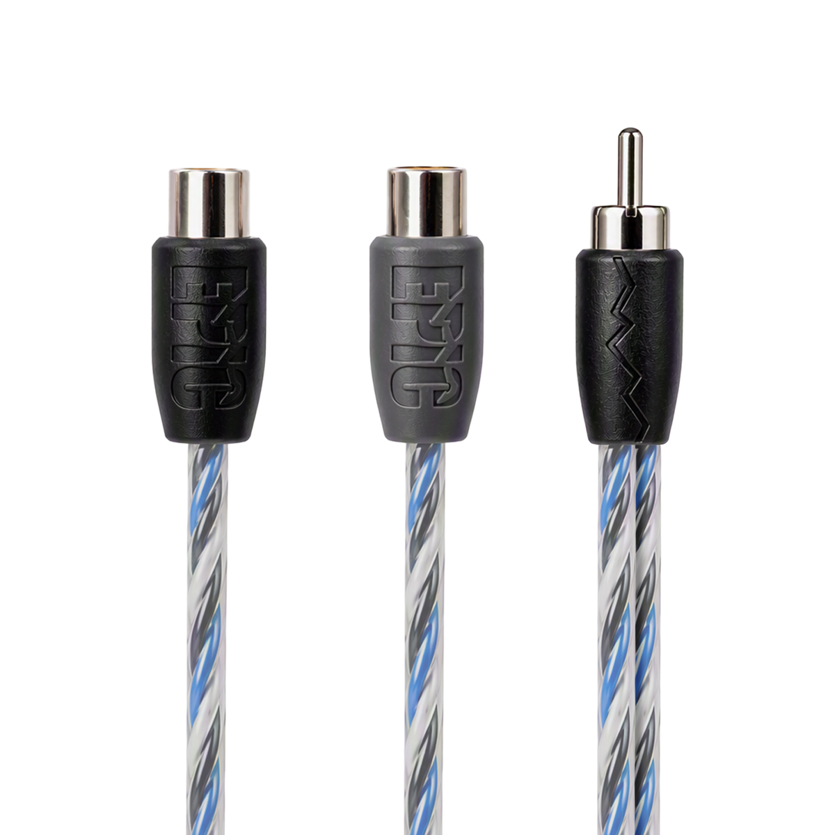 Three audio cable connectors shown against a white background, featuring a black and gray FR-3G cable with a blue and gray striped braided jacket.