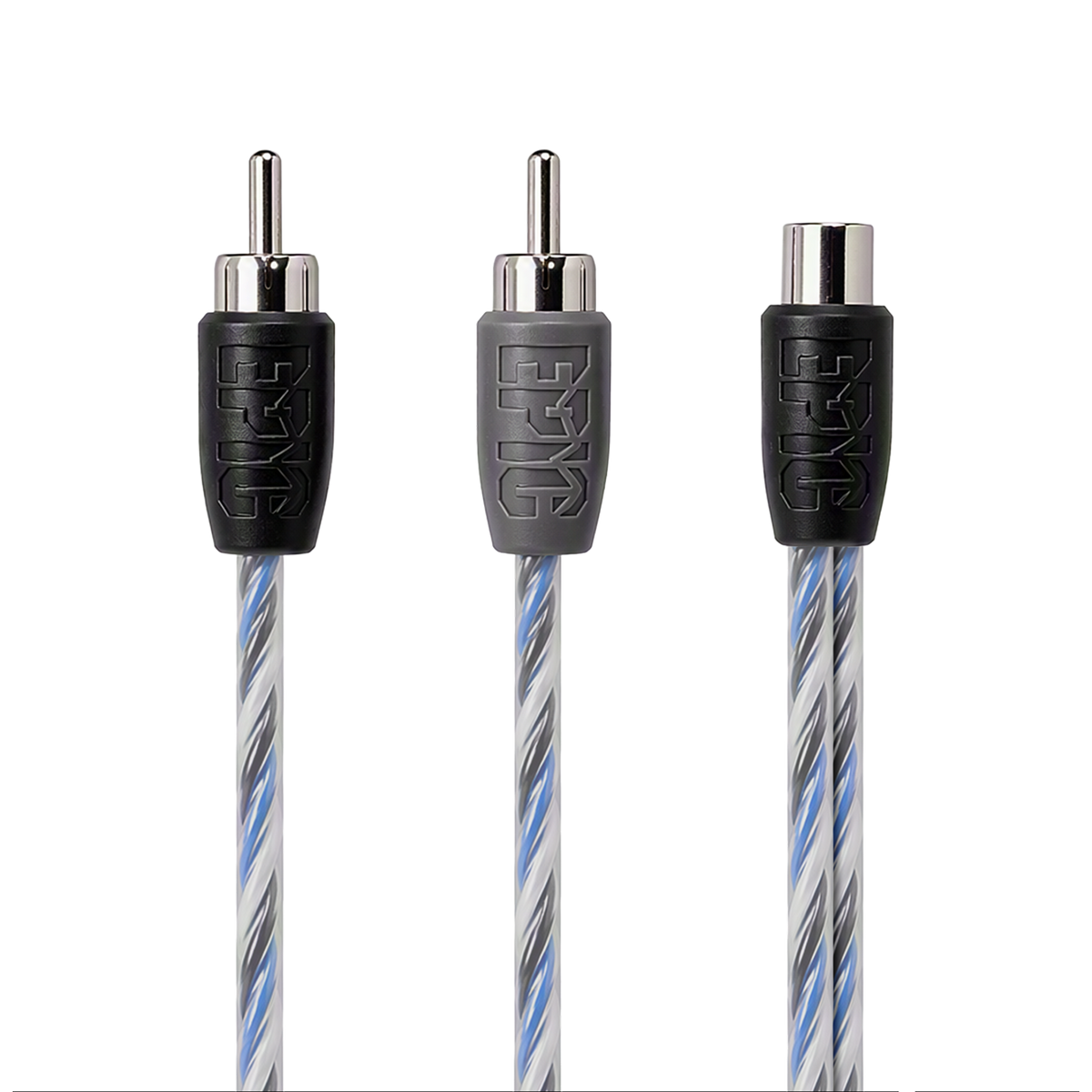 Three audio RCA connectors on a white background, showing black and gray plastic housings with a blue, gray, and white striped cable.