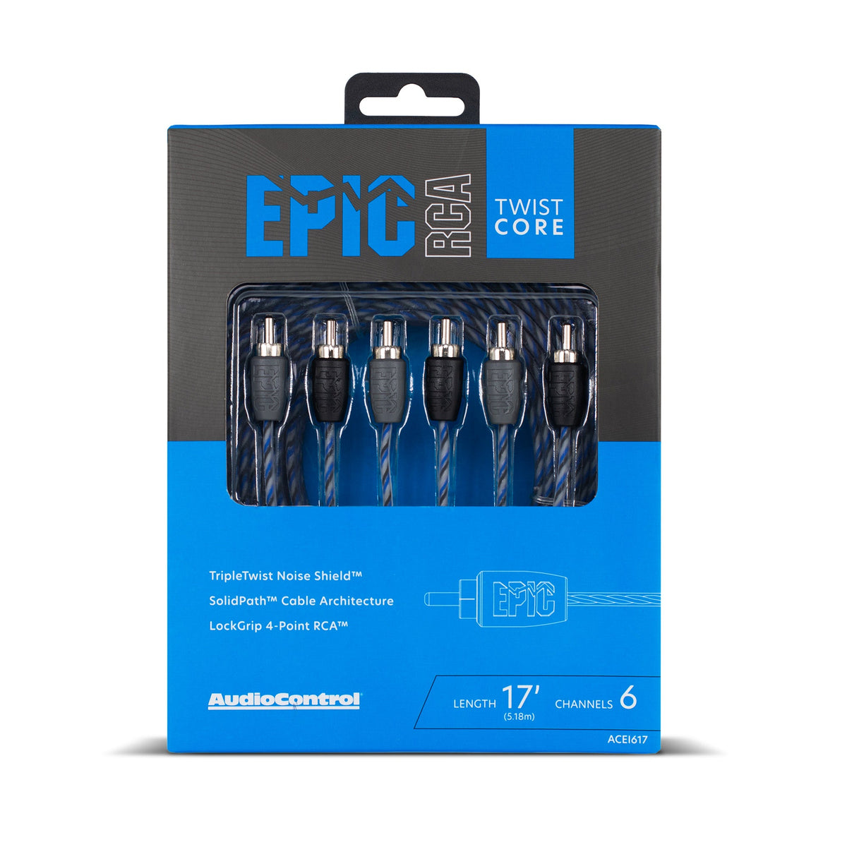 AudioControl Epic RCA Twist Core cable in retail packaging, featuring a 17-foot triaxial cable with six RCA connectors, shown in a black and blue box.
