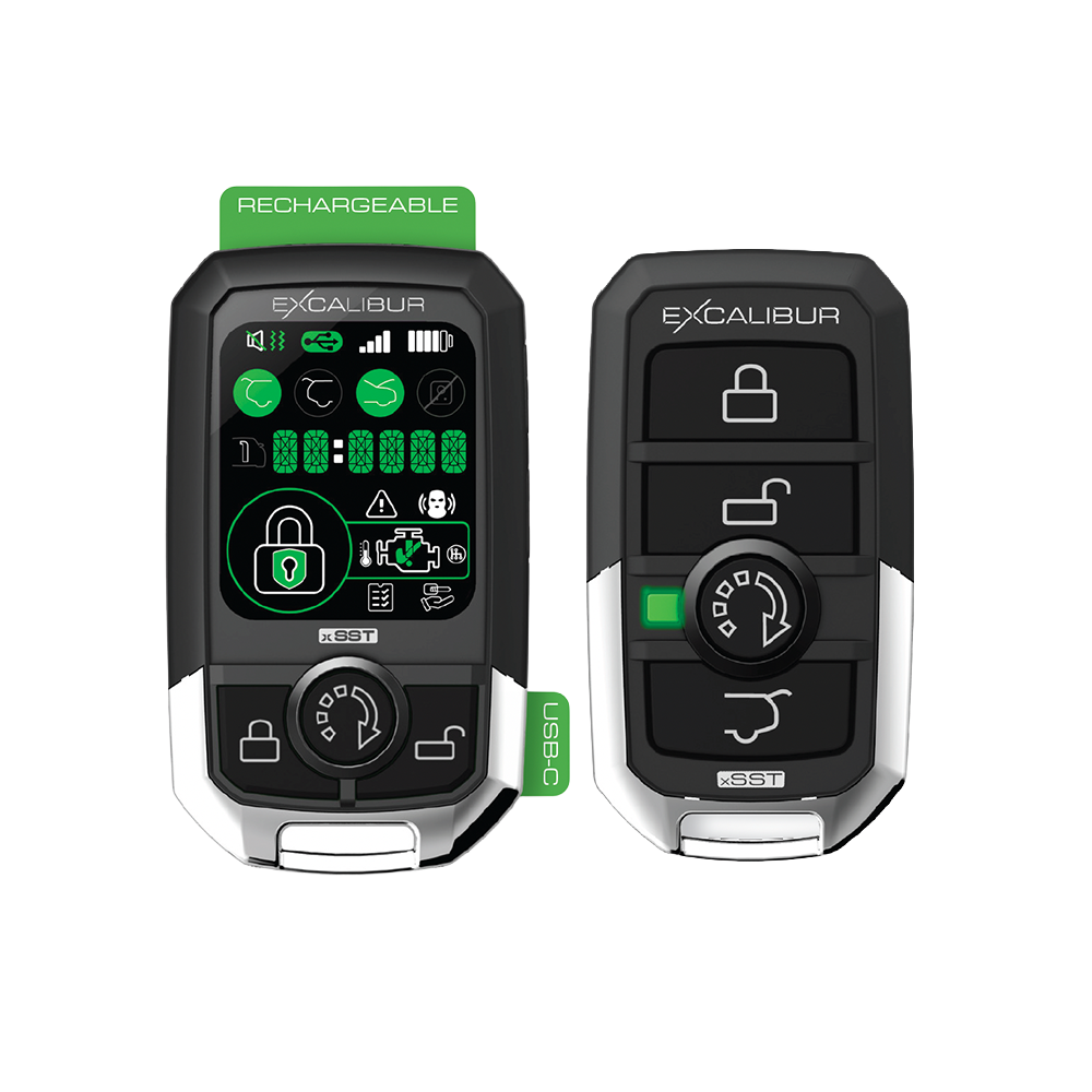 Two Excalibur remotes, including a green display remote marked rechargeable with a USB-C callout