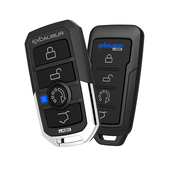 Two Excalibur remotes with lock, unlock, circular-arrow and trunk buttons