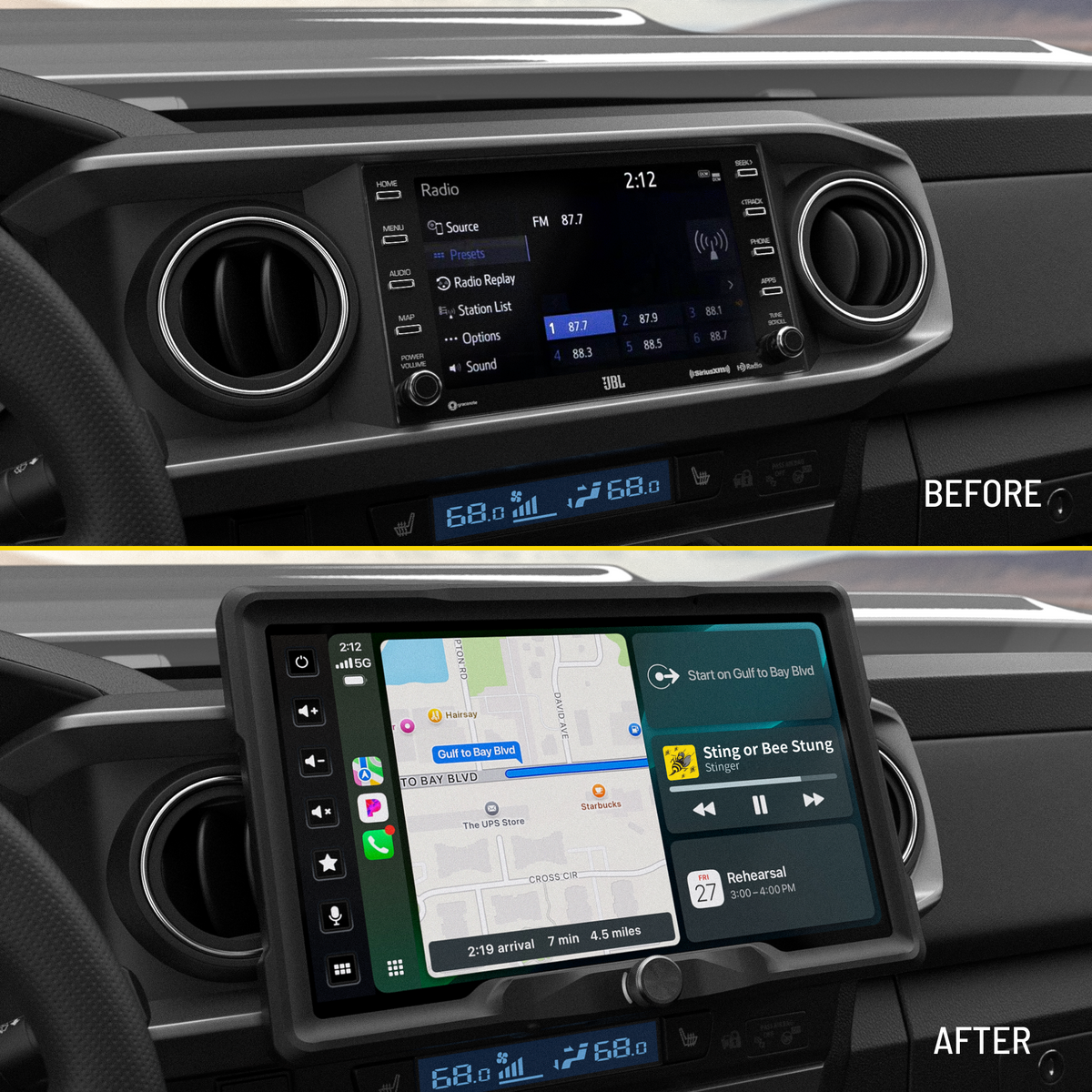 Before-and-after dashboard comparison showing the factory radio replaced by a larger Stinger touchscreen