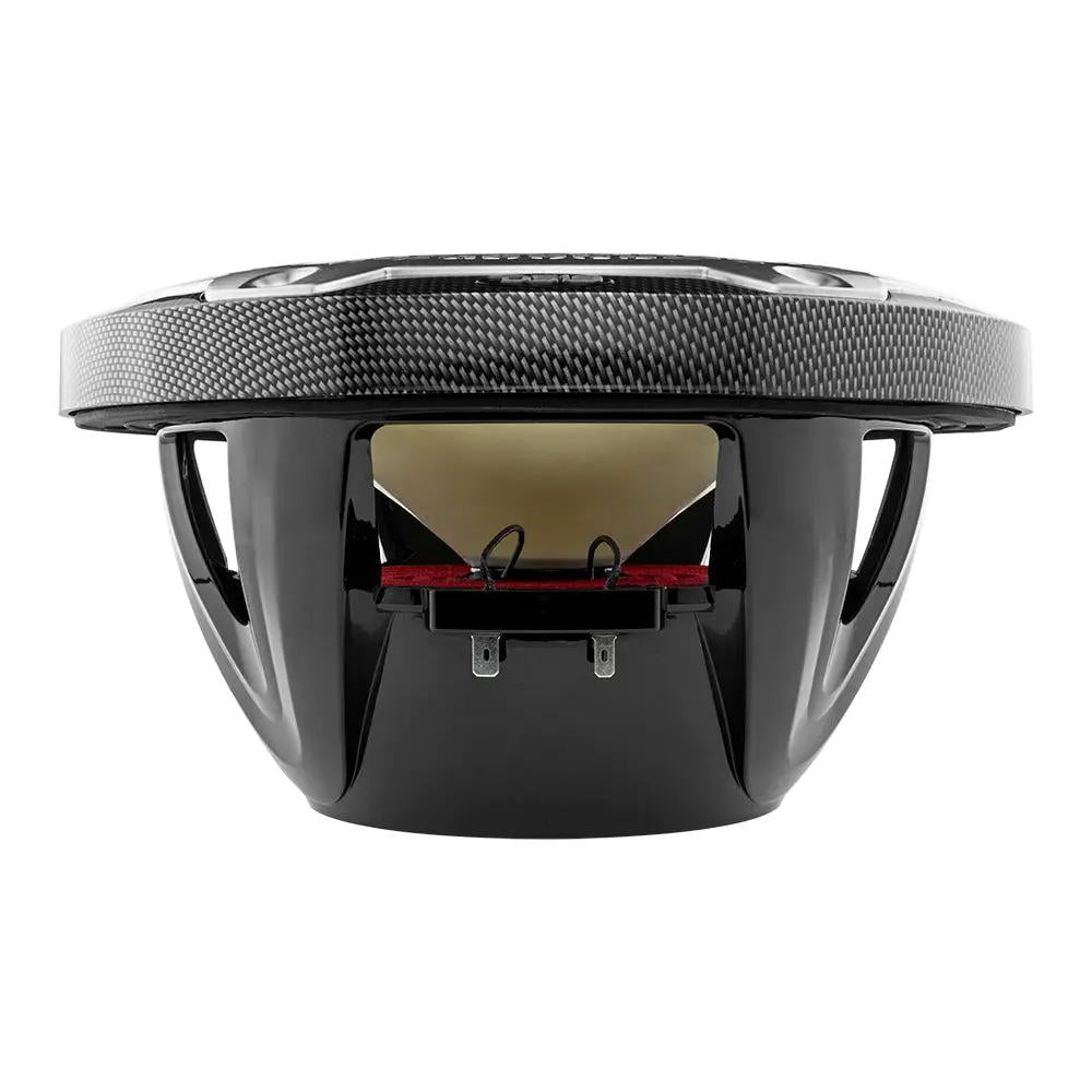 Side view of a carbon-fiber-pattern DS18 speaker showing cone, red suspension and basket terminals