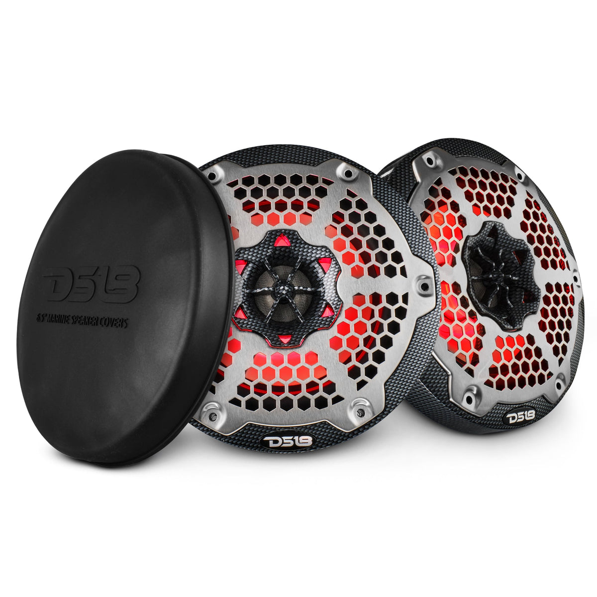 Pair of DS18 speakers with patterned black rims, silver grilles, red illumination and a cover