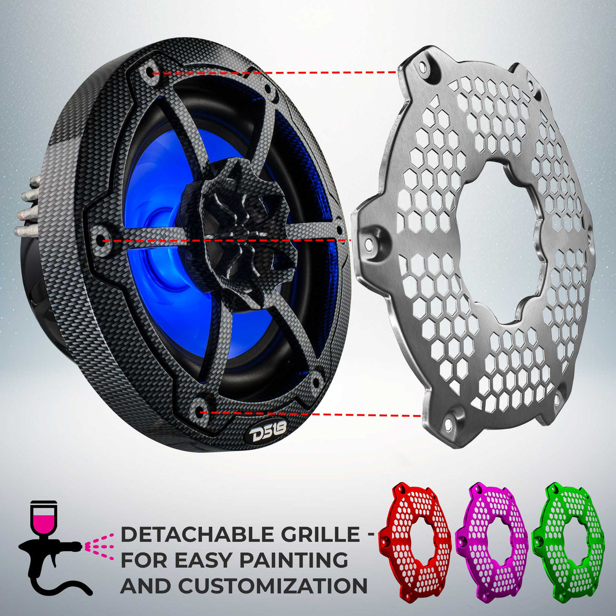 Carbon-fiber-pattern DS18 speaker with detachable honeycomb grille illustrated for painting and customization