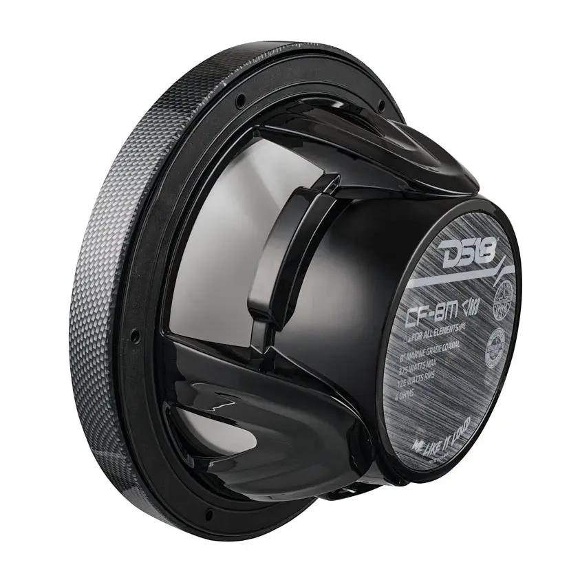 Angled rear view of a DS18 CF-8M speaker showing its model label, black basket and carbon-fiber-patterned rim.