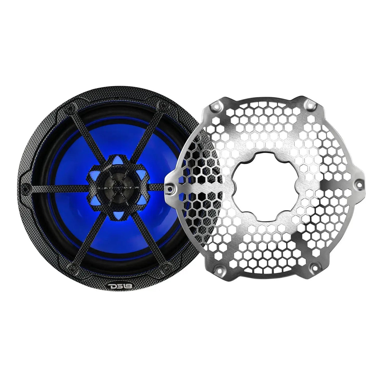Carbon-pattern DS18 marine speaker illuminated blue beside its detached silver honeycomb grille