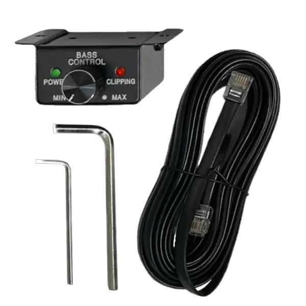 The Elite Audio EA3000M 1,500 Watt Monoblock Amplifier’s bass control knob unit, designed for subwoofer amps by Elite Audio, features power and clipping indicator lights, includes two hex keys, and comes with a long black cable equipped with phone-style connectors—all shown on a white background.