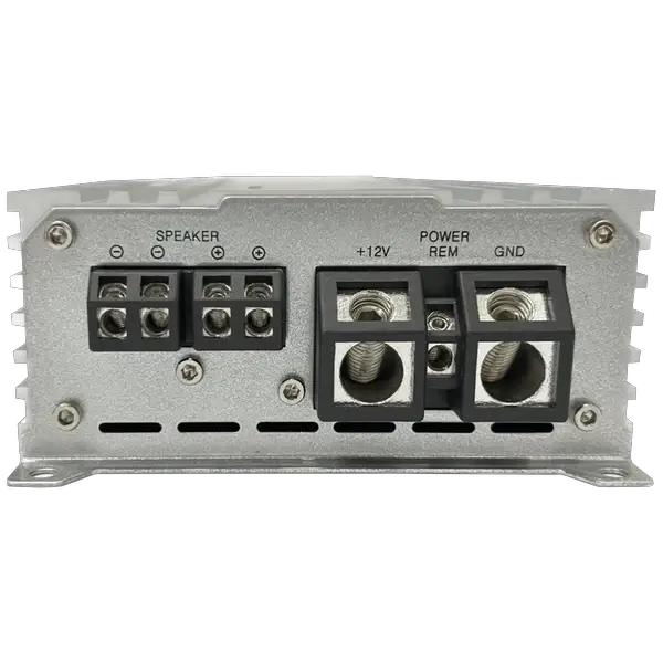 Close-up of the back panel of the Elite Audio EA4000M 2,000 Watt Monoblock Amplifier, showcasing terminals labeled SPEAKER, +12V, POWER REM, and GND for connecting speaker wires and power cables. This Elite Audio amplifier features competition-grade power and advanced MOSFET power supplies for reliable performance and high-quality sound output.