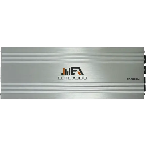 A silver Elite Audio EA4000M 2,000 Watt Monoblock Amplifier featuring horizontal lines, the Elite Audio logo, and model number displayed on the front panel, equipped with high-speed MOSFET technology for competition-grade power.