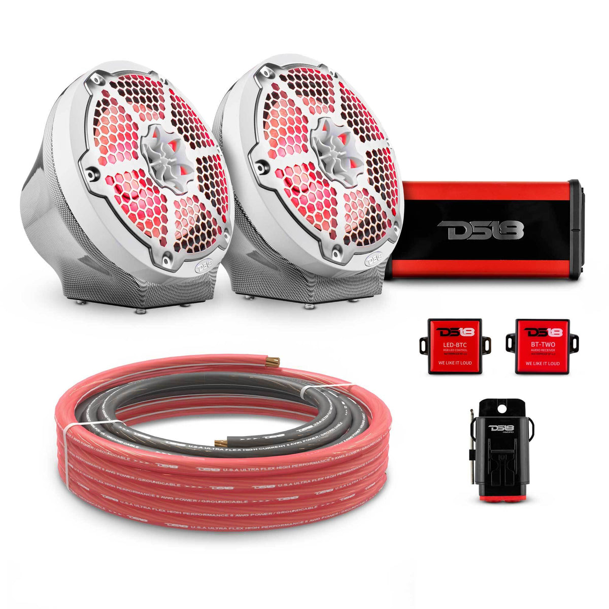DS18 8" Loaded Flat Mount Speaker Pods with Amplifier, Installation Kit and RGB LED Lights, Package for Can-Am Spyder &