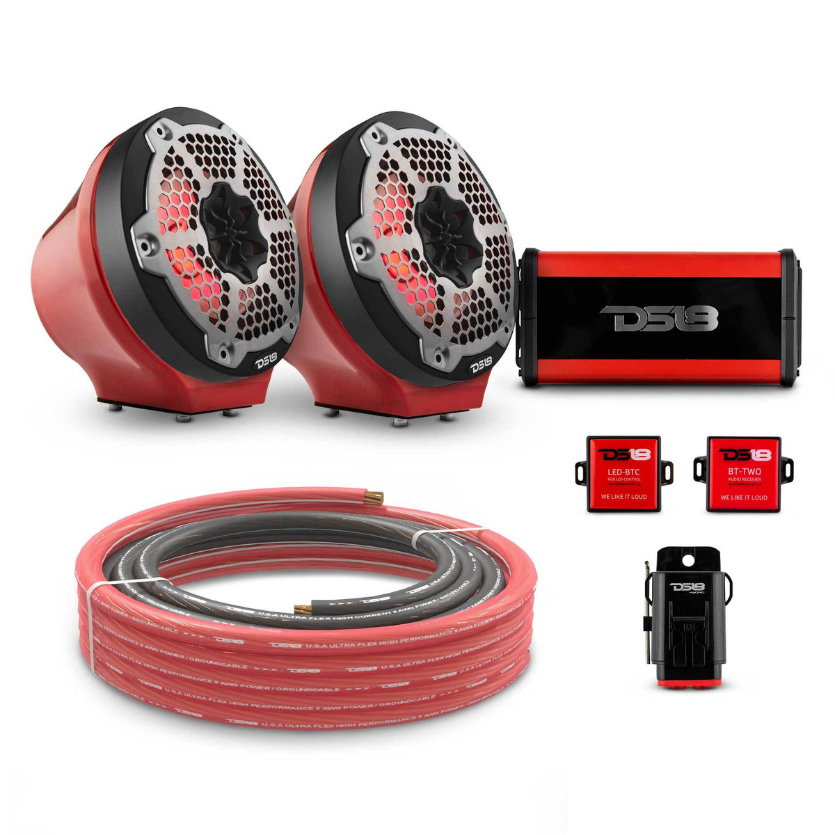 DS18 6.5" Loaded Flat Mount Speaker Pods with Amplifier, Installation Kit and RGB LED Lights, Package for Can-Am Spyder &