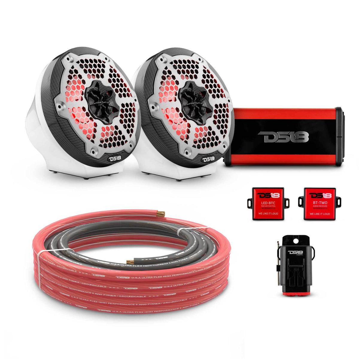 DS18 6.5" Loaded Flat Mount Speaker Pods with Amplifier, Installation Kit and RGB LED Lights, Package for Can-Am Spyder &