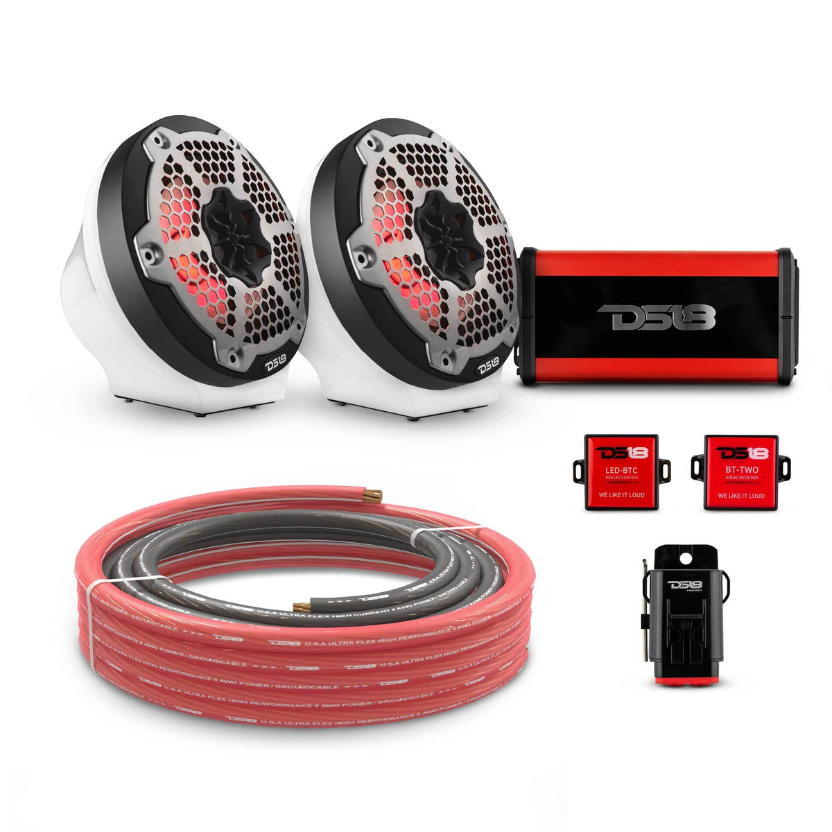 DS18 6.5" Loaded Flat Mount Speaker Pods with Amplifier, Installation Kit and RGB LED Lights, Package for Can-Am Spyder &