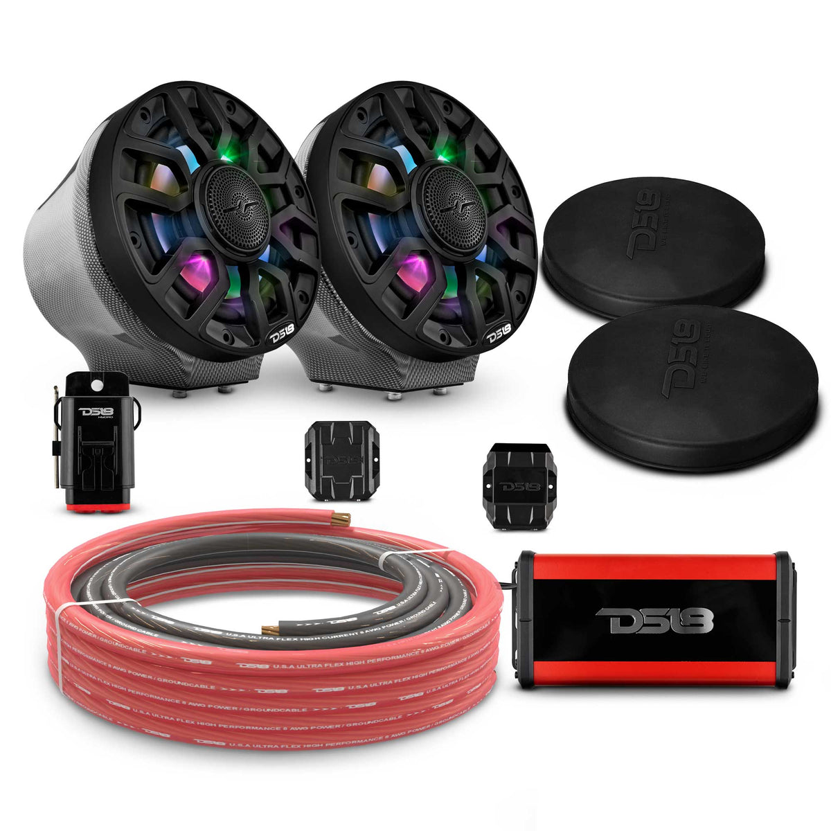 DS18 6.5" Loaded Flat Mount Speaker Pods with Amplifier, Installation Kit and Digital LED Lights, Package for Can-Am Spyder
