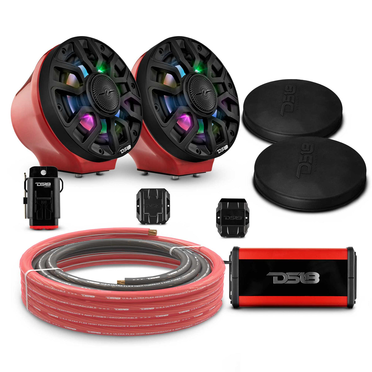 DS18 6.5" Loaded Flat Mount Speaker Pods with Amplifier, Installation Kit and Digital LED Lights, Package for Can-Am Spyder