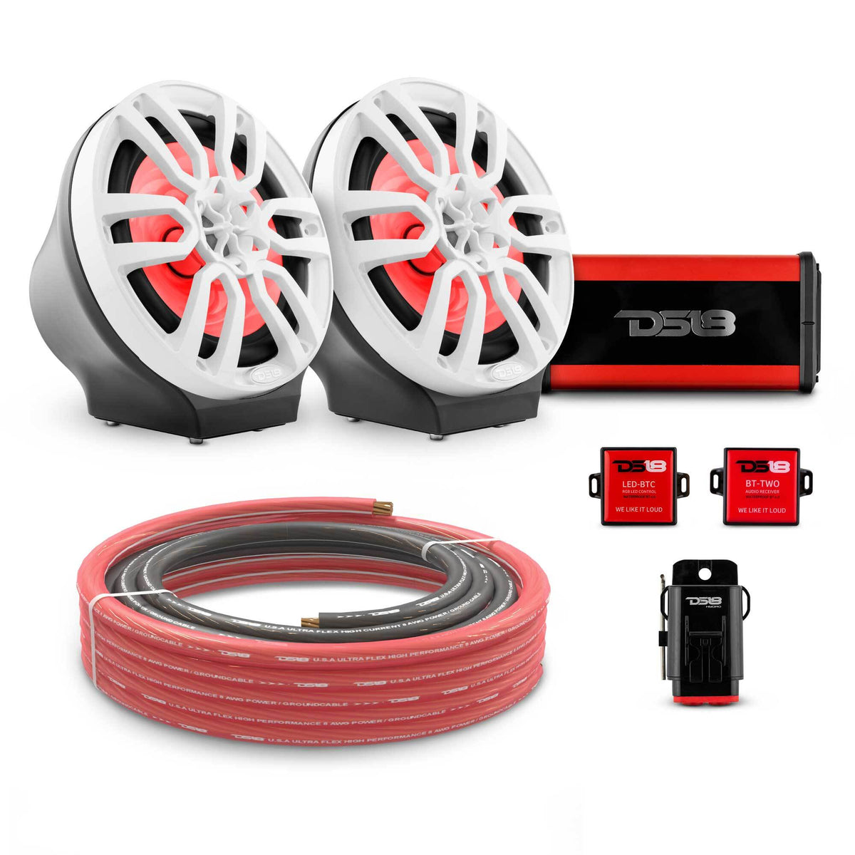 DS18 8" Loaded Flat Mount Speaker Pods with Amplifier, Installation Kit and RGB LED Lights, Package for Can-Am Spyder &