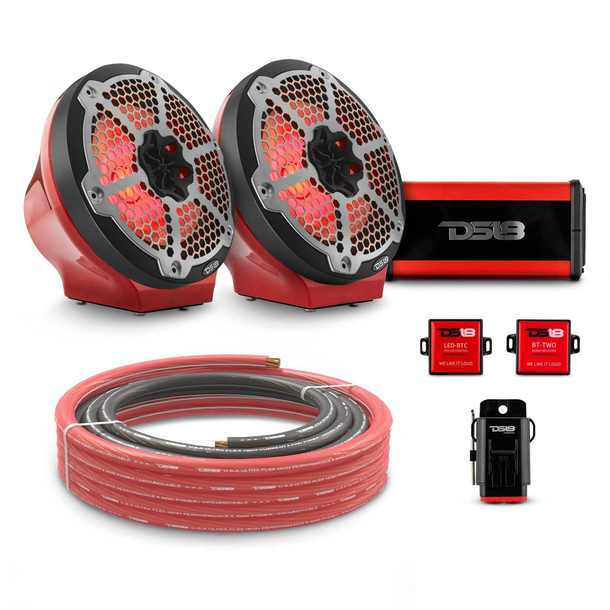 DS18 8" Loaded Flat Mount Speaker Pods with Amplifier, Installation Kit and RGB LED Lights, Package for Can-Am Spyder &