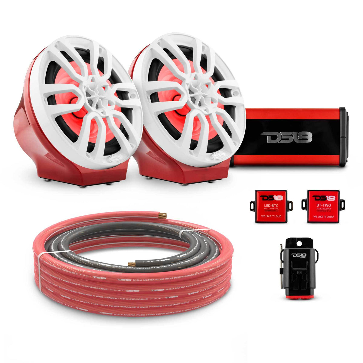 DS18 8" Loaded Flat Mount Speaker Pods with Amplifier, Installation Kit and RGB LED Lights, Package for Can-Am Spyder &