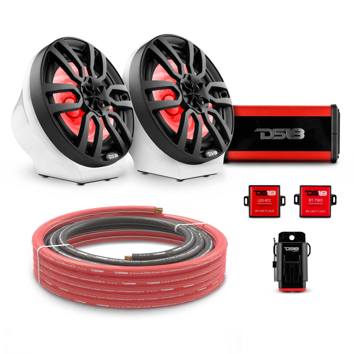DS18 8" Loaded Flat Mount Speaker Pods with Amplifier, Installation Kit and RGB LED Lights, Package for Can-Am Spyder &