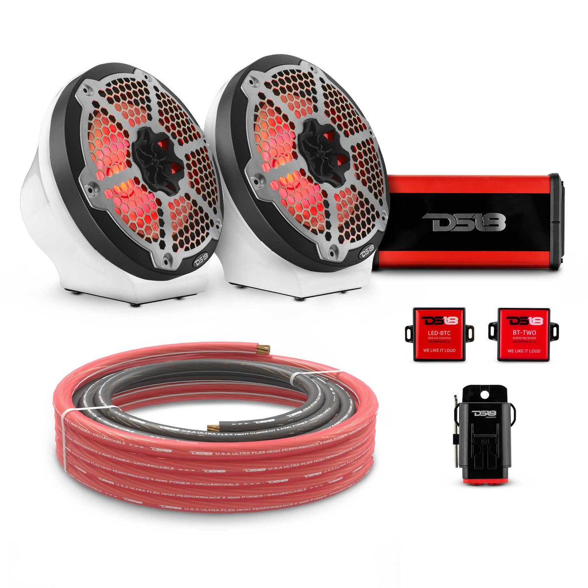 DS18 8" Loaded Flat Mount Speaker Pods with Amplifier, Installation Kit and RGB LED Lights, Package for Can-Am Spyder &
