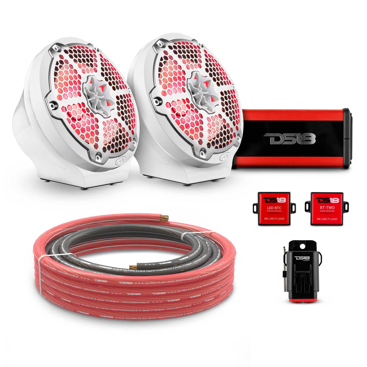 DS18 8" Loaded Flat Mount Speaker Pods with Amplifier, Installation Kit and RGB LED Lights, Package for Can-Am Spyder &