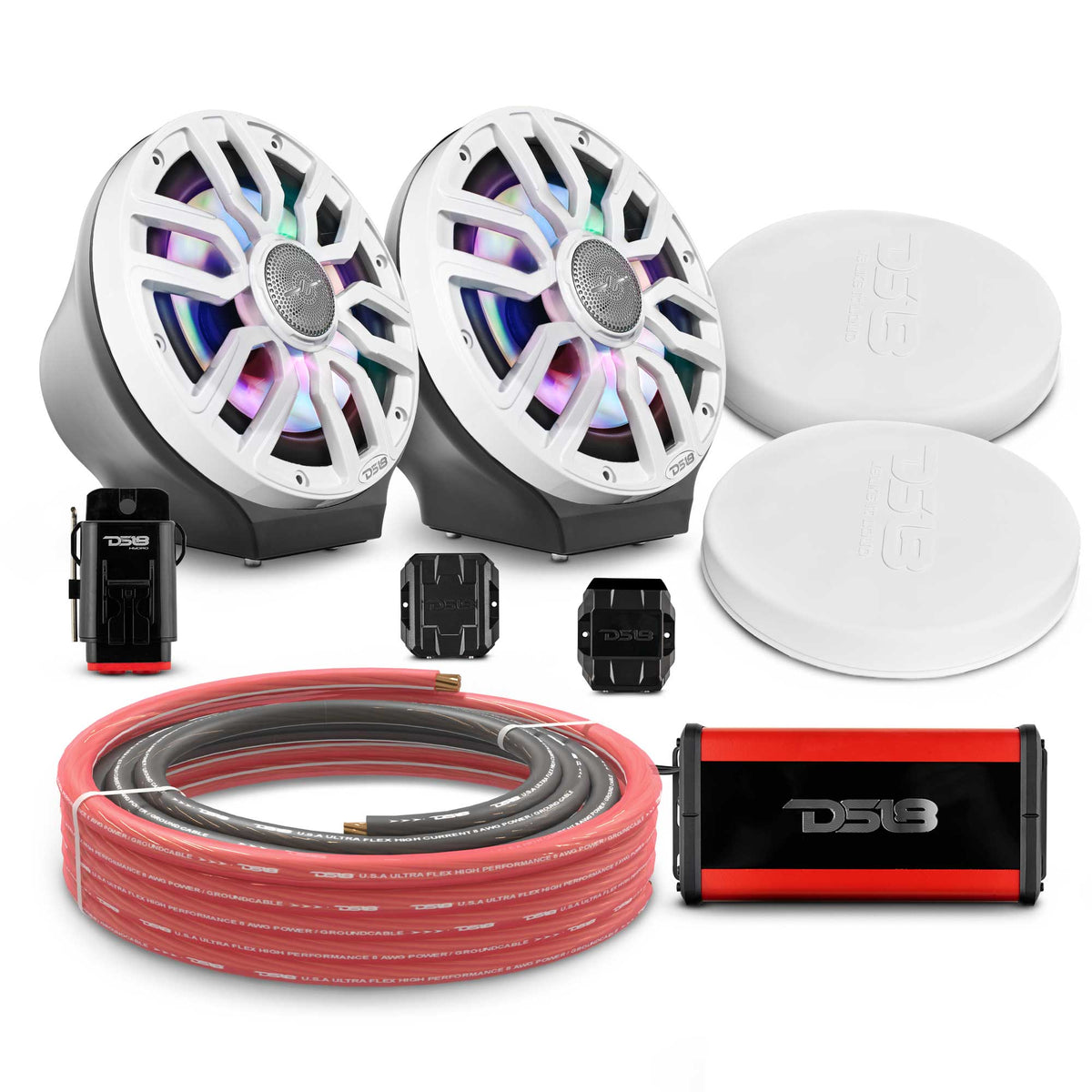 DS18 8" Loaded Flat Mount Speaker Pods with Amplifier, Installation Kit and Digital LED Lights, Package for Can-Am Spyder &