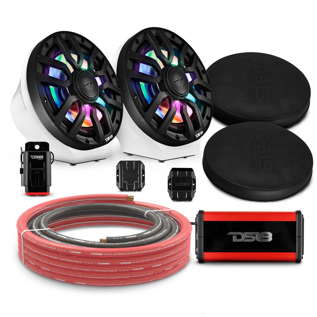 DS18 8" Loaded Flat Mount Speaker Pods with Amplifier, Installation Kit and Digital LED Lights, Package for Can-Am Spyder &