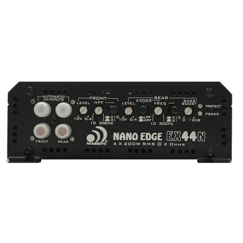 Massive Audio EX44N amplifier input panel with RCA sockets and front and rear adjustment controls