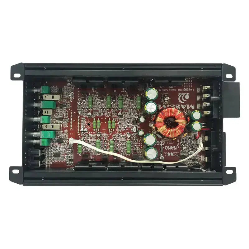 Massive Audio amplifier with the cover removed, showing the circuit board, capacitors, coils, and wiring