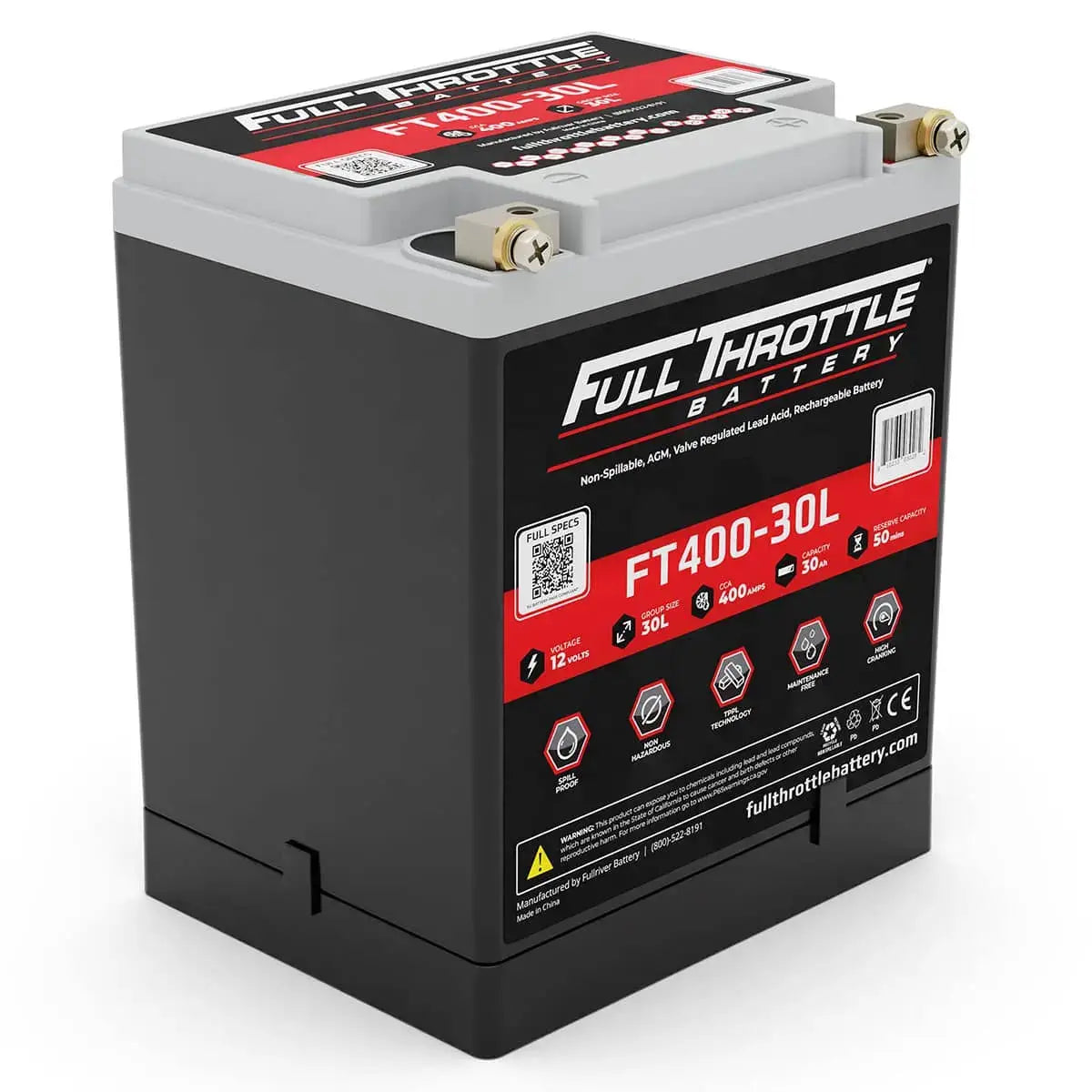 Full Throttle FT400-30L AGM battery, angled view