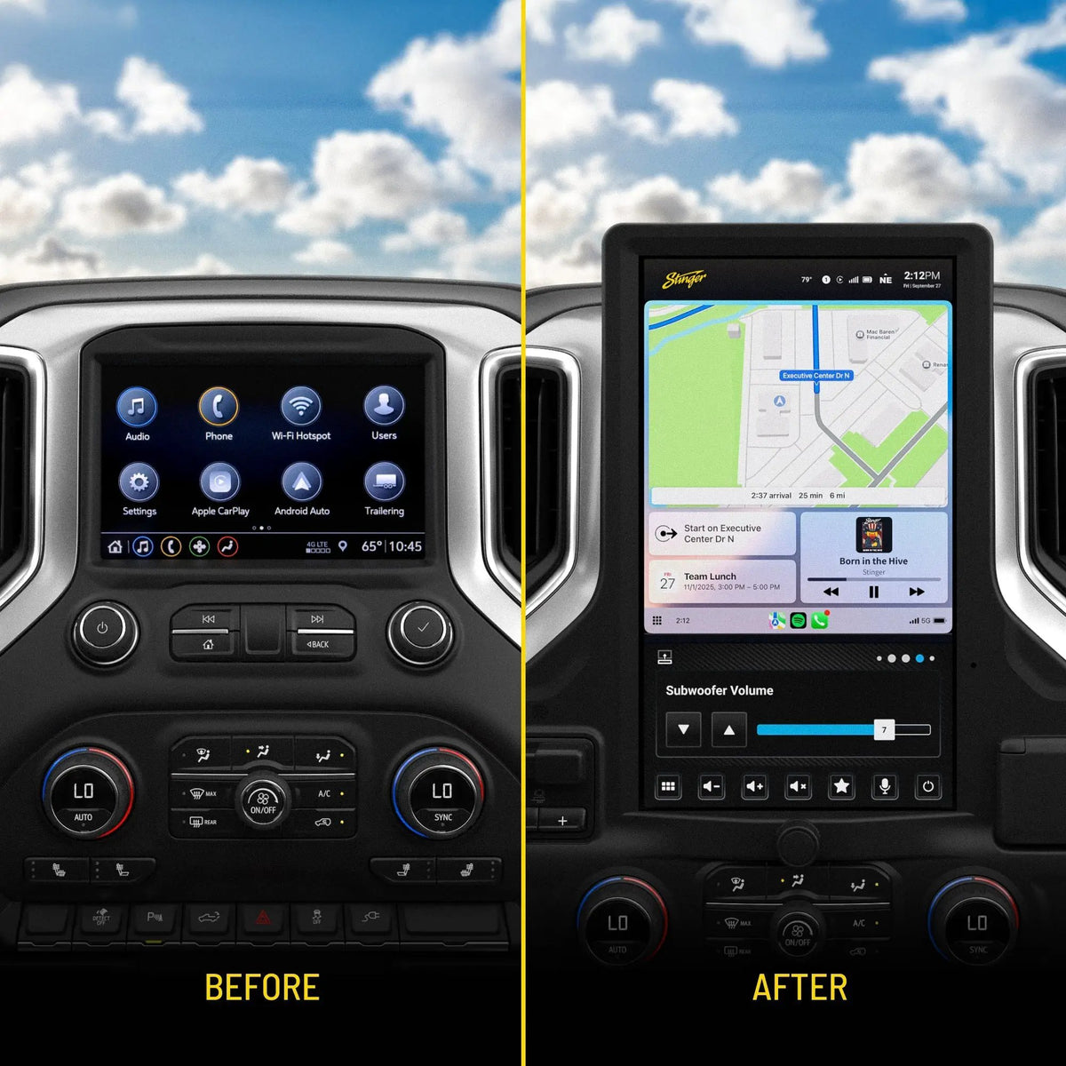 Chevrolet Silverado/GMC Sierra dashboard before and after installation of the Stinger HORIZON12 portrait touchscreen