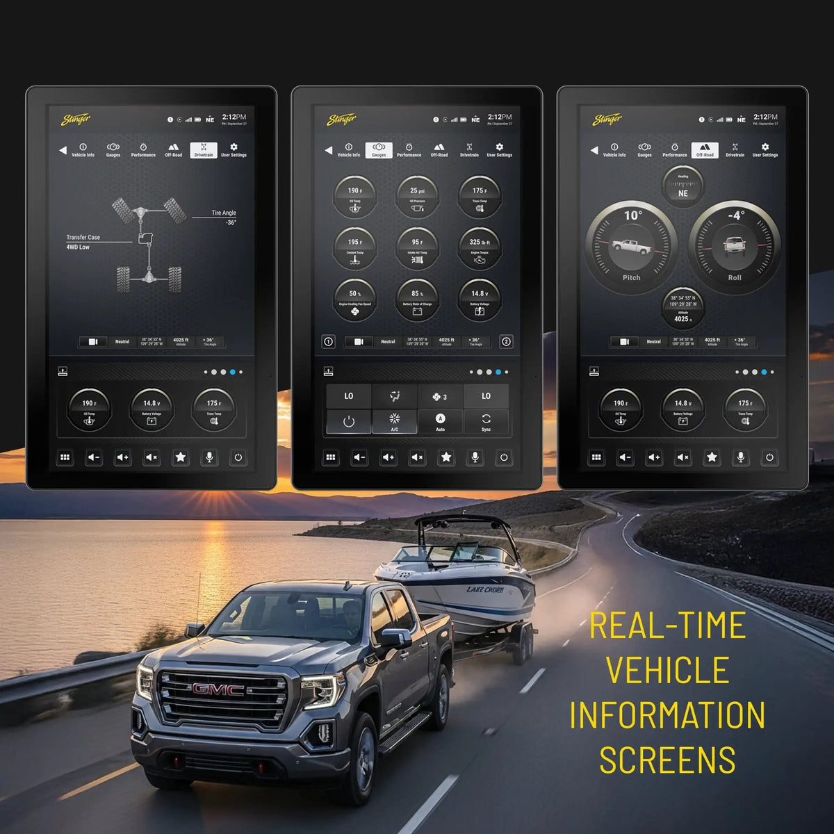 Stinger real-time vehicle-information graphic showing drivetrain, engine gauges, pitch and roll on three portrait displays above a truck towing a boat