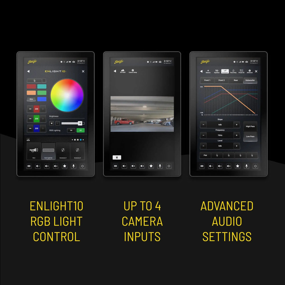 Stinger HORIZON12 feature screens showing RGB lighting control, camera inputs and advanced audio settings