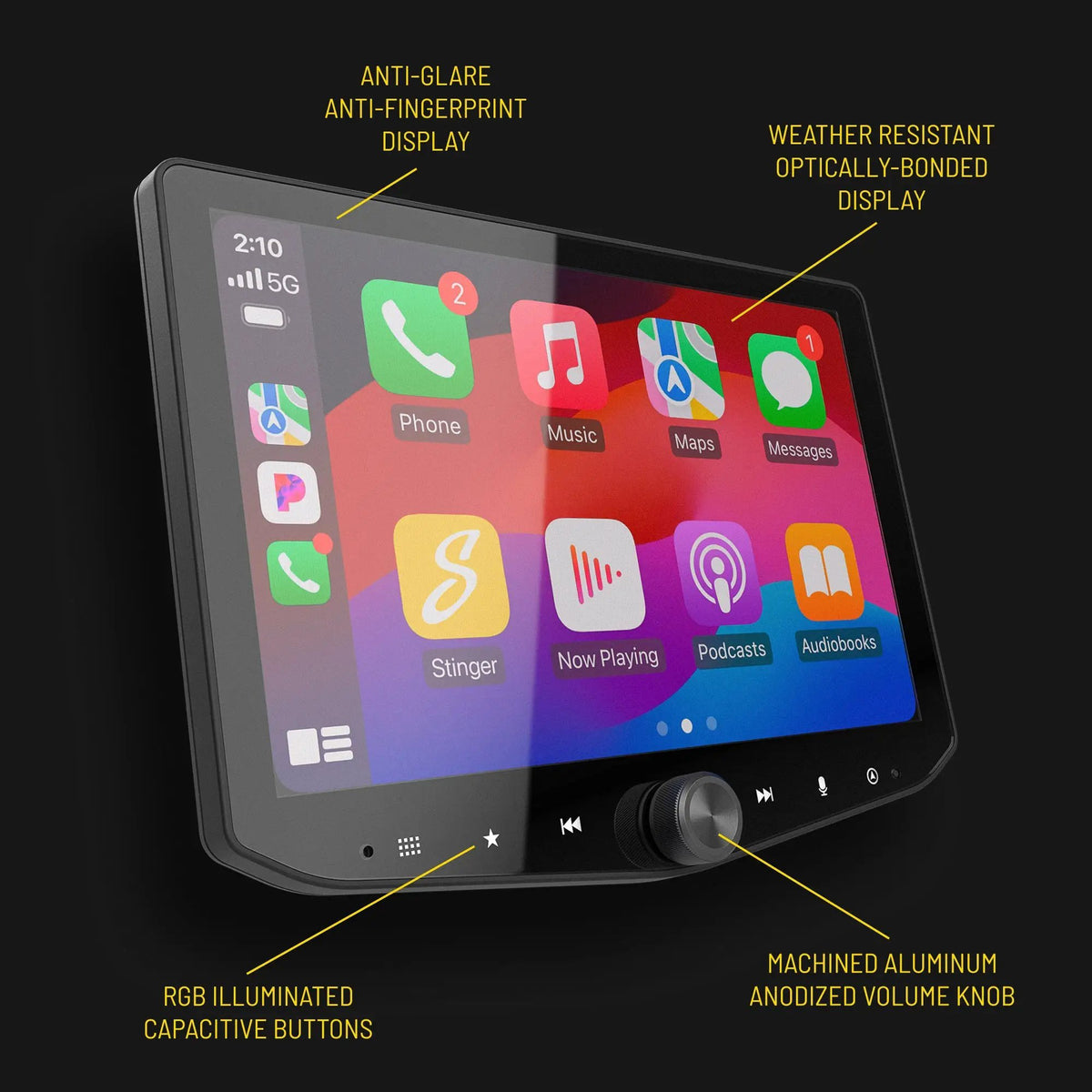 Stinger display graphic highlighting its anti-glare, fingerprint-resistant, optically bonded screen, RGB touch buttons and aluminum volume knob