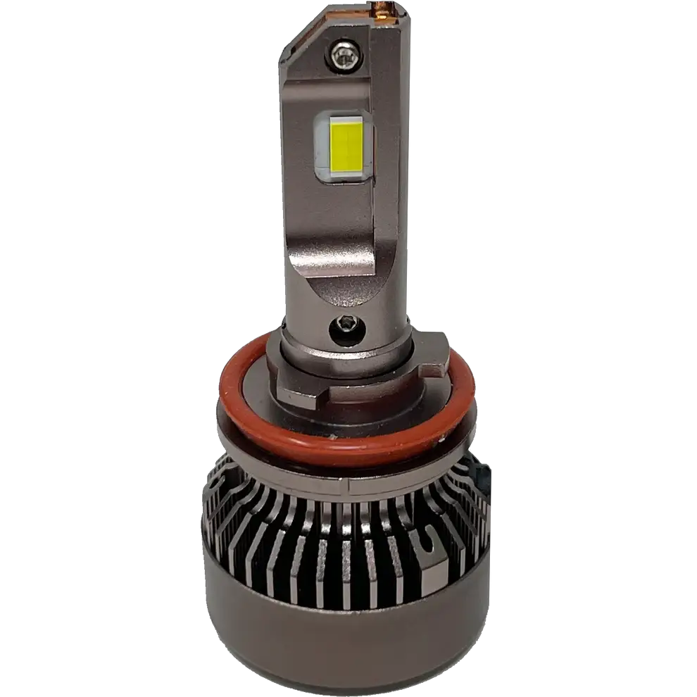 A close-up of the Lumi LUMI Stage 3 H11 LED Headlight Bulb showcases its robust metal body, integrated cooling fins at the base, and a durable rubber gasket, with two yellow CSP chips visible near the top. Engineered for optimal brightness, these 6000K bulbs deliver crisp, white illumination for safer nighttime driving.