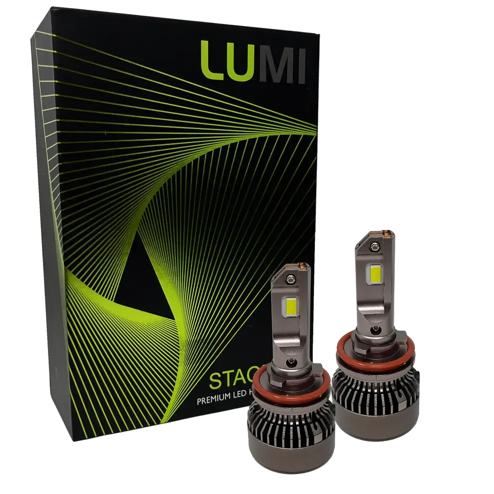 Two LUMI Stage 3 H11 LED headlight bulbs from Lumi, featuring advanced CSP chips, are displayed in front of a black box with green wavy lines and the words “STACK†and “Premium LED Headlights†on the packaging, emphasizing their impressive 6000K brightness for superior visibility.