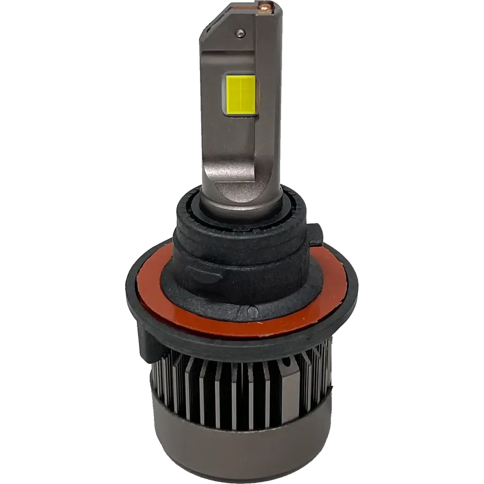 The Lumi Stage 3 H13 LED Headlight Bulbs by Lumi feature a gray metal body, a rectangular CSP chip that produces crisp 6000K white light, black heat sink fins, and an orange rubber gasket, shown against a plain white background.