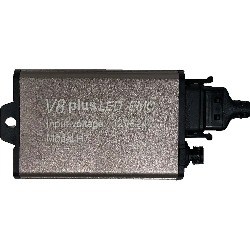 LUMI Stage 3 H7 LED Headlight Bulbs by Lumi feature a rectangular metal design labeled V8 plus LED EMC, support input voltages of 12V and 24V, and are equipped with advanced CSP chips for powerful 6000K illumination. The unit includes a black connector on the right side and a mounting tab on the left, making it ideal for use in LED headlights.