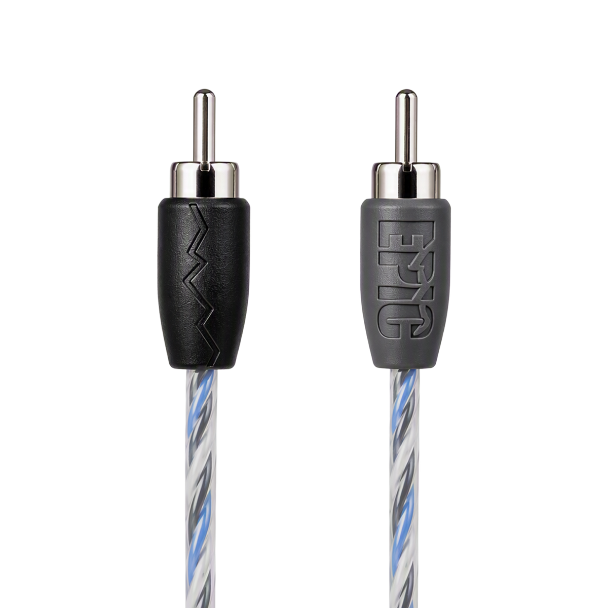 Close-up of a braided audio cable showing two RCA-style connectors on a white background. One connector has a black sleeve with a zigzag cutout, and the other has a gray sleeve with the embossed brand name 'F&G'.