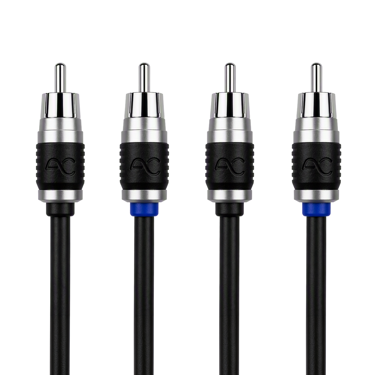 Four RCA audio/video cable connectors with black and silver housings, blue ring accents, and black cables on a white background.